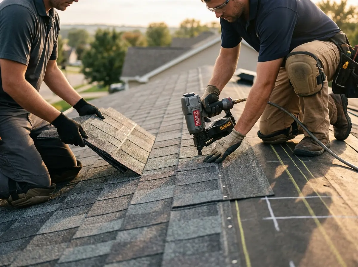 Professional roofer working on a residential roof in Walnut Creek